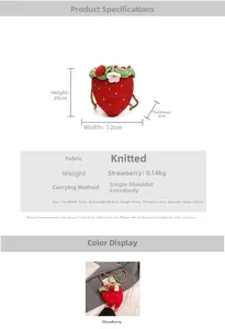 Detail showing hand-knitted strawberry shoulder bag with white flowers and green leaves
