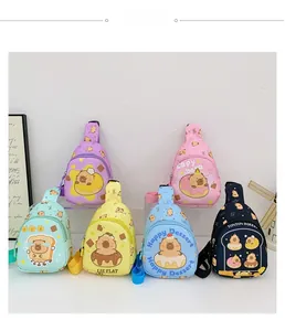Detail view of colorful cartoon Capybara crossbody bags with adjustable straps