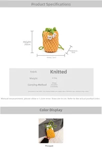 Détail montrant le sac ananas tricoté main avec texture 3D et dimensions précises