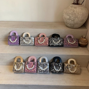 Girls Sequin Mini Handbag With Artificial Pearl Handle Crossbody Shoulder Bag PU Leather Fashion Shiny Party Bag For Toddler Kids