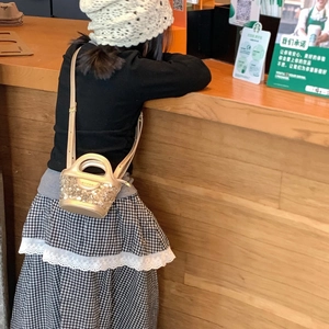 Mini sac seau doré à paillettes pour enfants avec poignée en cuir et bandoulière