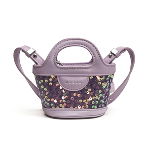 Mini sac seau à paillettes pour enfants en cuir violet avec bandoulière réglable