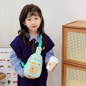 Mint green kids crossbody bag featuring cartoon toast and bear print for daily fashion