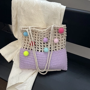 Crochet Knitted Shoulder Bag With Colorful Pom Poms Hollow Mesh Large Capacity Casual Vacation Beach Tote For Women