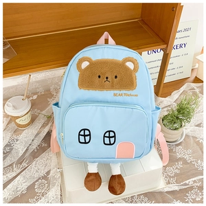 Detail of light blue cartoon house backpack with plush bear and 3D stuffed legs