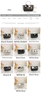 Size chart and color selection of mini tweed pearl handbags with bow and bunny details
