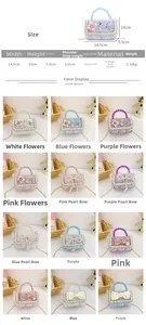 Detailed size chart for kids crossbody bag with 14.5x10x5.5cm dimensions and color options