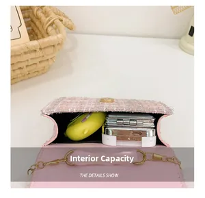 Detail shot showing the interior capacity of a pink tweed crossbody bag for girls