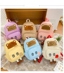 Detailed display of cute cartoon bear backpacks in six vibrant colors for toddlers