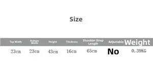 Detailed size chart for kids plush backpack showing dimensions 23x43x16cm and 0.39KG weight