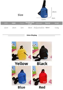 Detailed kids nylon chest bag size chart showing dimensions and available color options
