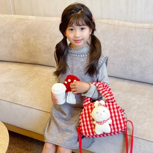 Cute red plaid plush handbag for girls featuring a 3D white bunny and detachable strap