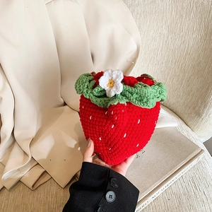Strawberry Crossbody Bag Handmade Crochet Knit Yarn Drawstring Mini Purse For Women Girls Sweet Fruit Shape Novelty