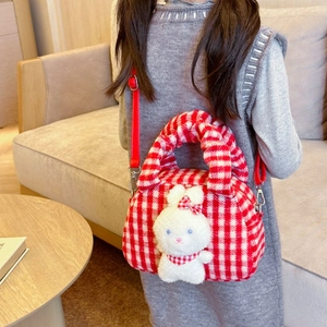 Cute bunny plush handbag for girls with red plaid pattern and adjustable shoulder strap