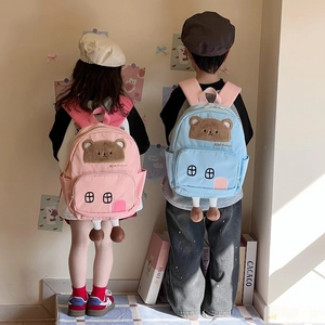 Cute cartoon toddler backpacks with 3D plush bear ears and legs in pink and blue colors