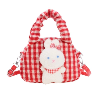 Plush red and white checkered girls handbag featuring a cute stuffed bunny and red strap
