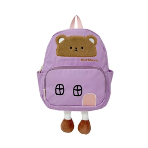 Purple cute cartoon bear backpack for toddlers with plush legs and house design