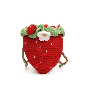 Handmade crochet strawberry crossbody bag with green leaf strap for women and girls