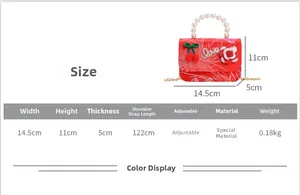 Detailed size chart for the kids' red cherry handbag featuring 14.5x11x5 cm dimensions