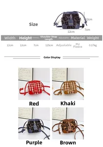 Detailed specs of mini leopard print bucket bag with adjustable straps and PU wool material