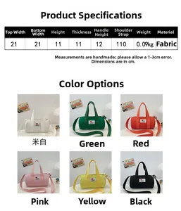 Detailed size guide for the children's canvas bucket bag with dimensions and six colors