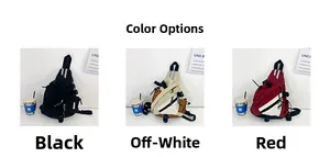Detailed comparison of kids sling bags in black, beige, and red showing multi-pockets