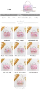 Size chart for kids mini pearl handle bag with bow and various color options