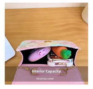 Internal capacity of pink floral mini bag showing interior space and gold chain strap