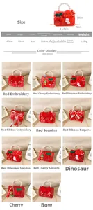 Size chart showing dimensions and various styles of red kids pearl handle handbags