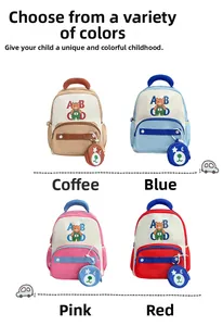 Grid view of kids cartoon bear backpacks in brown blue pink and red color options