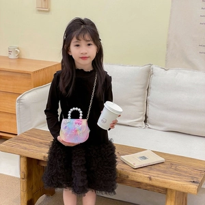 Fashionable sequined princess handbag for girls with pearl handle and metal chain strap
