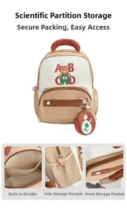 Detailed view of kids cartoon bear backpack features including mesh pockets and inner layers