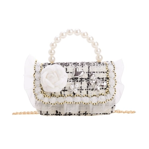 Black and white tweed crossbody bag for girls with pearl chain and rose flower detail