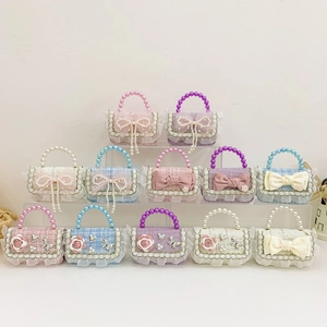 Kids Girl Mini Tweed Crossbody Bag With Faux Artificial Pearl Handle Lace Bow Flower Decor Small Handbag