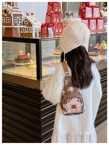 Kid's brown crossbody chest bag with cute cartoon bear print and adjustable strap