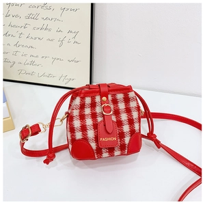 Detail of red and white checkered tweed bucket bag with gold fashion buckle and leather strap