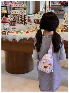 Kids purple cartoon chest bag with bear print shown on a child model back view