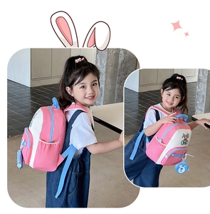 Detailed side and front view of pink and blue children's bear backpack with ABC print