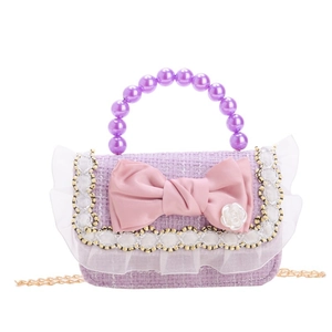 Purple tweed mini crossbody bag with pink bow, pearl handle and golden chain for girls