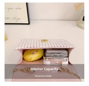 Vue détaillée montrant la capacité intérieure de ce sac à main princesse en tweed rose