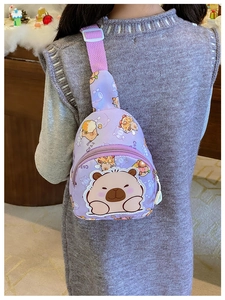 Close-up of children purple Capybara crossbody bag with adjustable strap and 3D embroidery