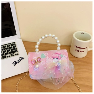 Detailed view of kids' pink bag with pearl handle, cartoon fairy, and golden chain