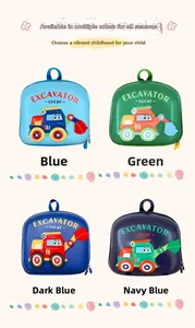 Detail view of 3D excavator cartoon backpacks for kids in blue, green, and navy colors