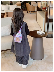 Vue arrière d'un enfant portant le sac à bandoulière violet imprimé Capybara en intérieur