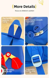 Detail view of blue EVA backpack with wide handle, soft excavator zip, and adjustable buckles