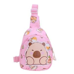 Pink cartoon Capybara print crossbody bag for kids with adjustable strap and zipper