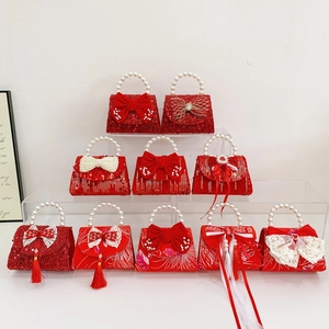 Girls Red Sequins Handbag Kids Crossbody Bag With Artificial Pearl Handle Bow Tassel Chinese Style Festive Party Accessories