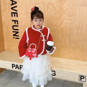 Girls red Chinese New Year outfit set with plush trim jacket, tutu skirt and pearl bag