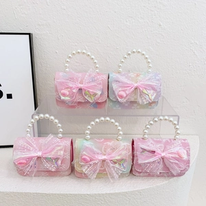 Girls Shoulder Bag PU Leather Faux Artificial Pearl Handle Metal Chain Big Bow Cartoon Fairy Princess Sweet Mini Crossbody