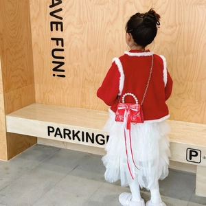 Red tweed cardigan and tutu skirt set for girls with pearl handle crossbody bag